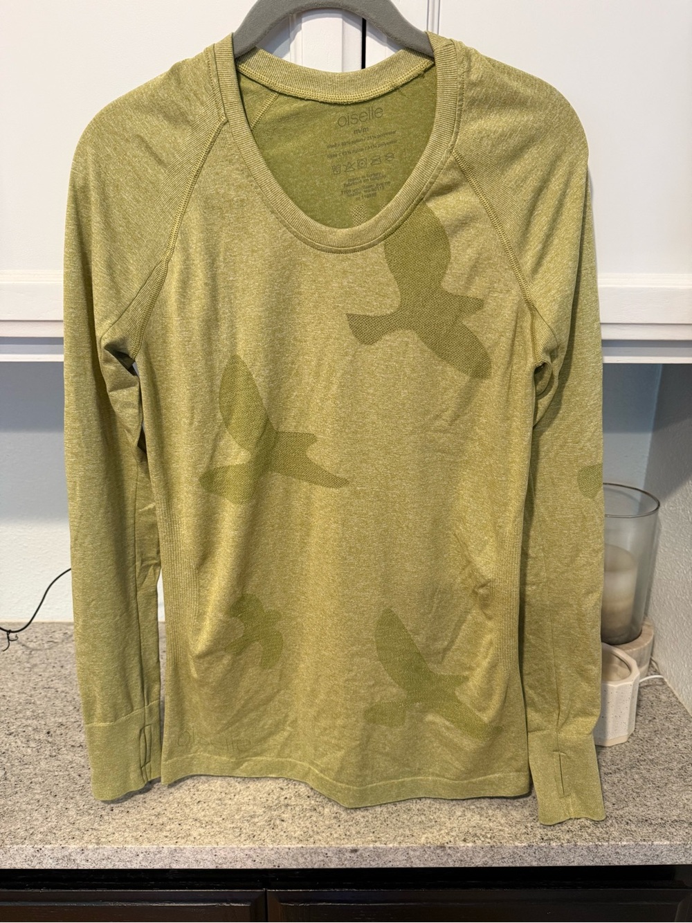 Oiselle Olive Green Long Sleeve Performance Top with Subtle Bird Print